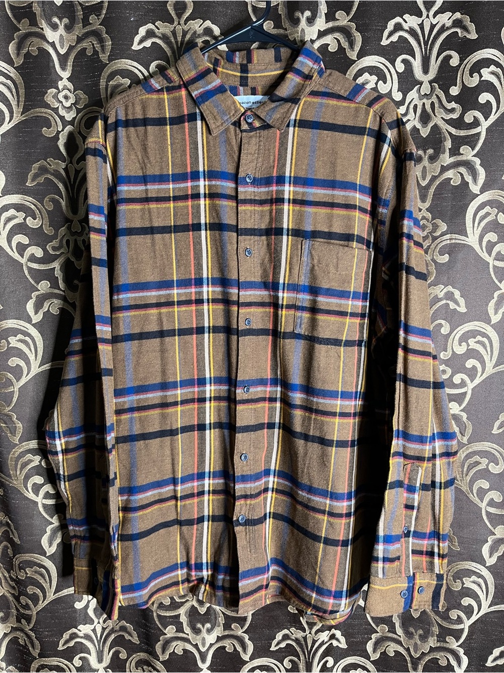 Amazon Essentials Brown Plaid Long Sleeve Button-Down Shirt